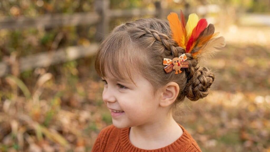 A young girl with a braided hairstyle decorated with colorful feathers and a small turkey-themed hair clip.