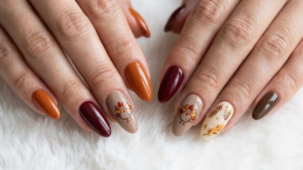 Manicured fingernails painted with fall colors, turkey decals, and feather designs.