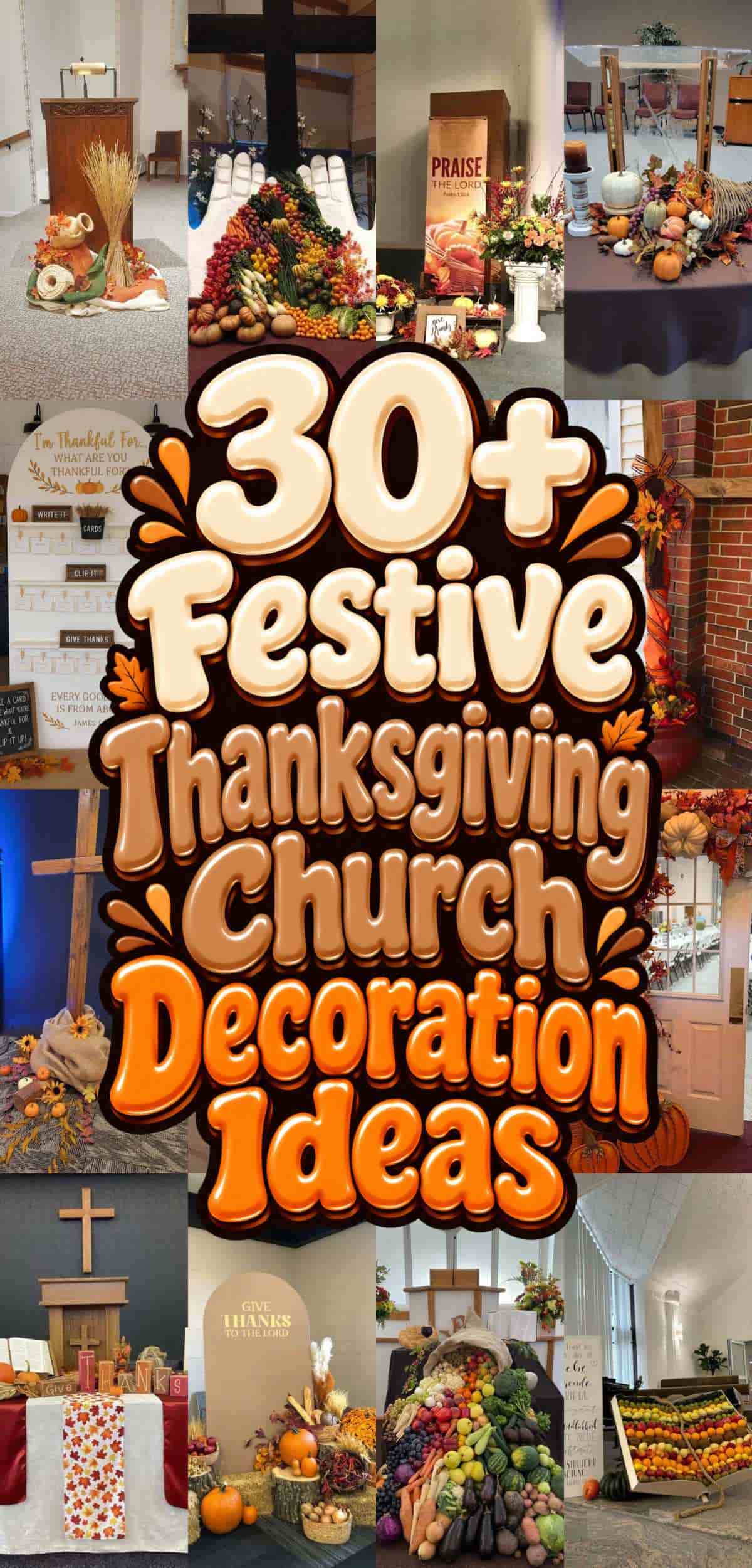 Collage of Thanksgiving-themed church decorations with the text overlay “30+ Festive Thanksgiving Church Decoration Ideas.”